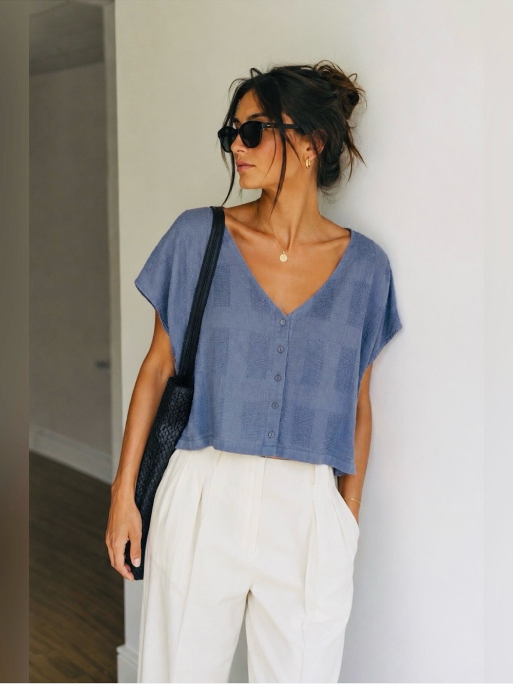 Monk & Lou Textured Cotton Cropped Button Front Blouse | Blue Grey | Size S